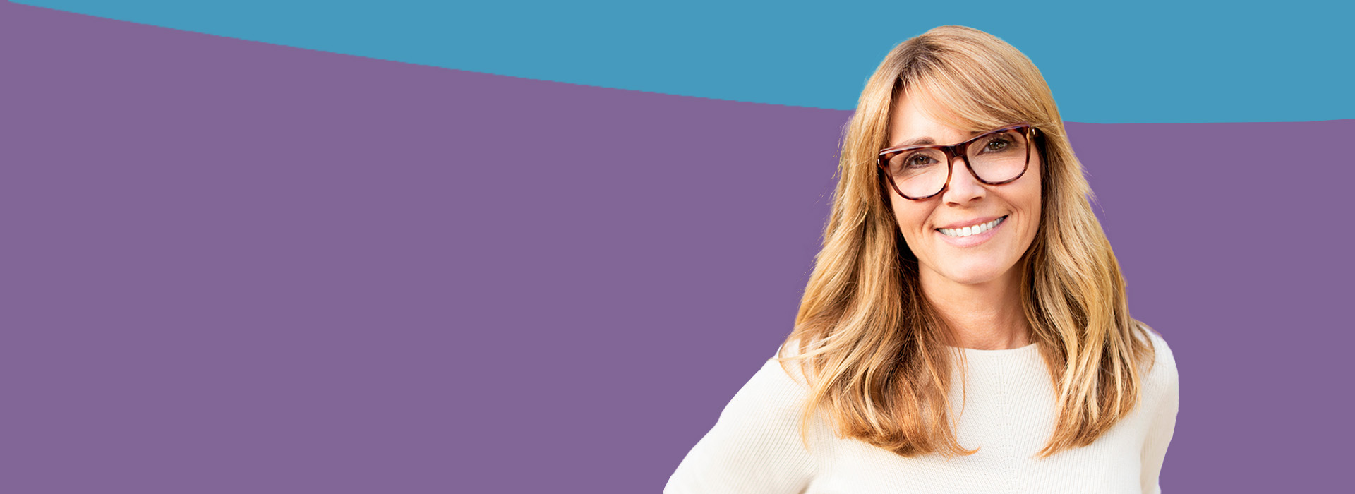 The image shows a woman with glasses, smiling at the camera, positioned against a purple background.