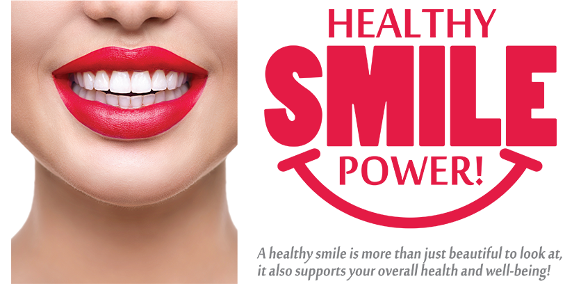 The image is a promotional graphic for a dental service that provides smile makeovers, with a focus on healthy living and a slogan emphasizing power.